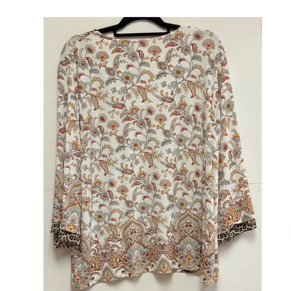 Chico's Tunic Top Womens 3 XL Leopard Paisley Floral 3/4 Sleeve Stretch Boho